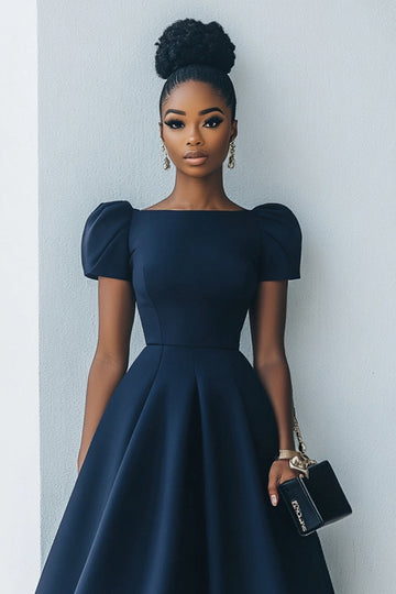 Navy A Line Short Sleeves Boat Neck Midi Work Dress